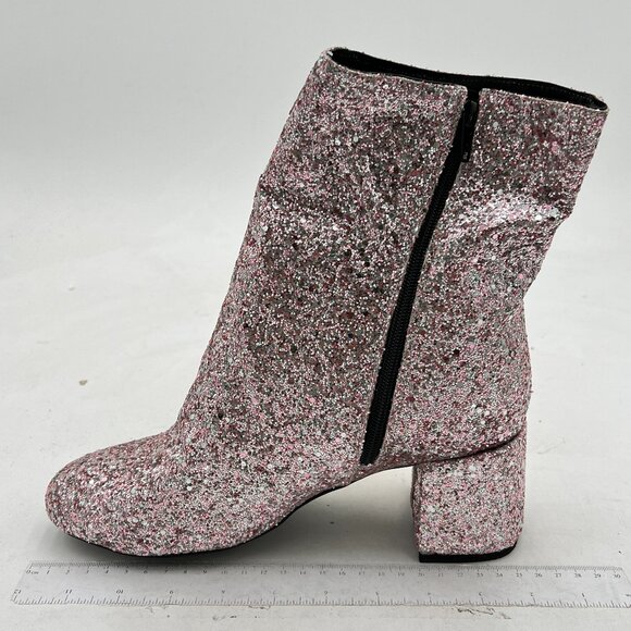 XYD Pink Multi Glitter Block Heel Ankle Boot Round Toe Dress Boot with Zip - Picture 2 of 8
